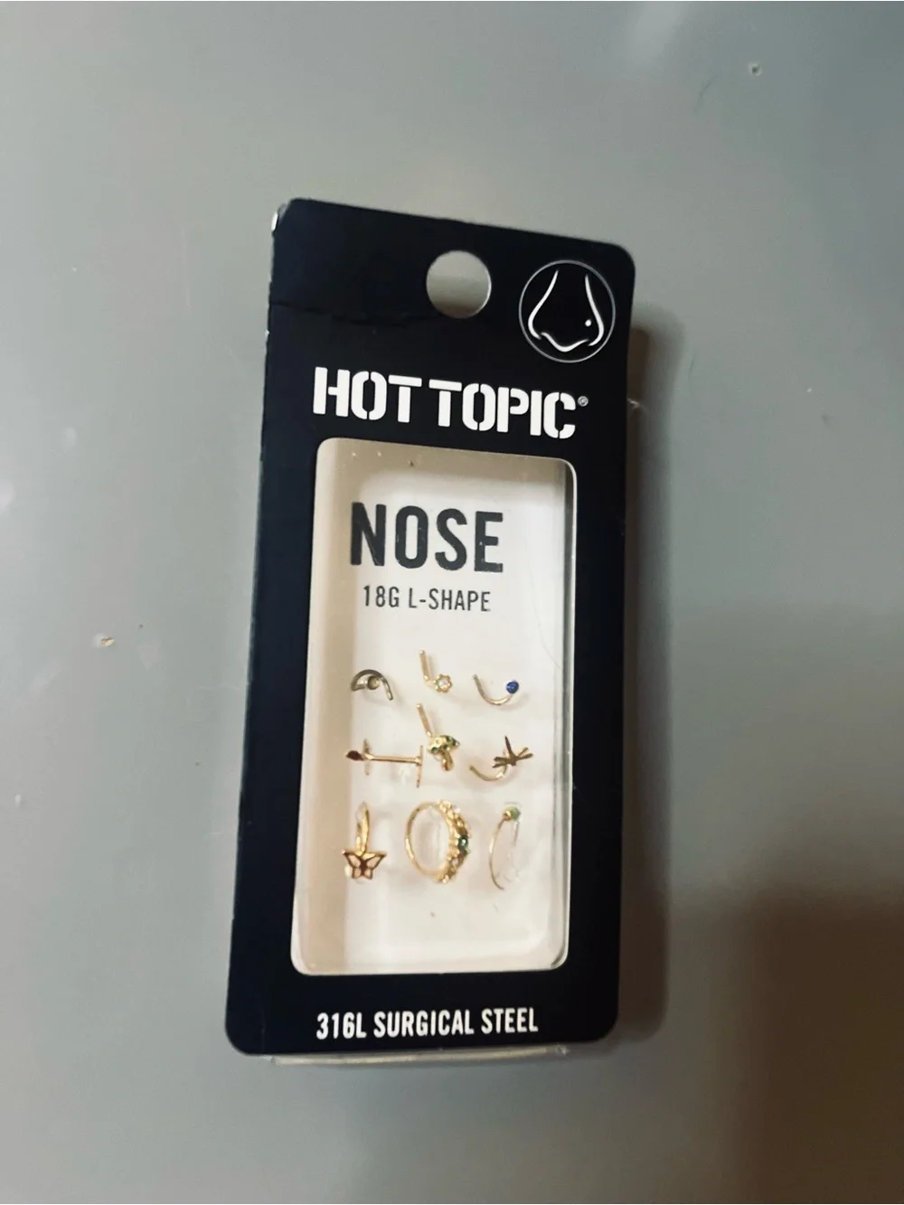 Hot Topic Nose Stud Set 9 Pack 18G L-Shape Gold Butterfly Mushroom NWT
